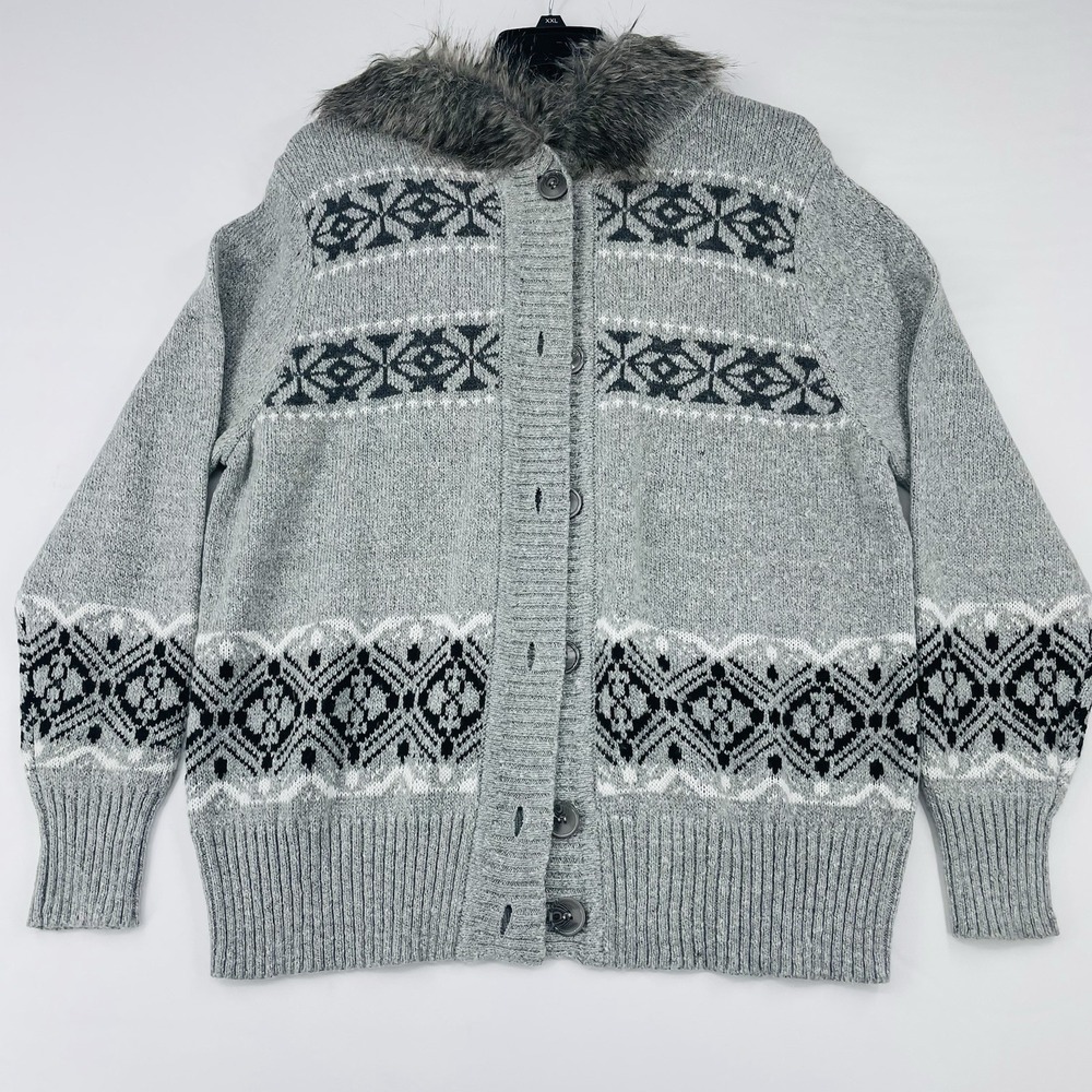 Seventh Avenue Womens Hooded‎ Cardigan Faux Fur Buttons 1X Aztec Soft Sweater